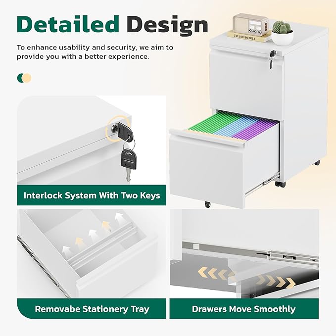 Greenvelly 2 Drawer Mobile File Cabinet with Lock, Metal Filing Cabinet on Wheels, Under Desk File Cabinet for Home Office Organizer Letter/Legal/A4 File (Assembly Required, White)