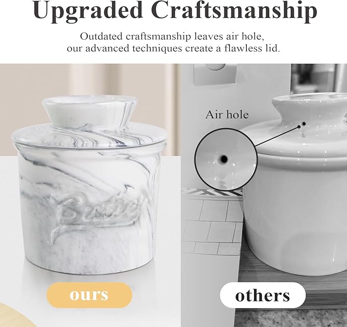 Ceramic Butter Crock with Lid & Spreader Knife, Butter Keeper - Ideal Butter Storage & Countertop Butter Dish, Marble White