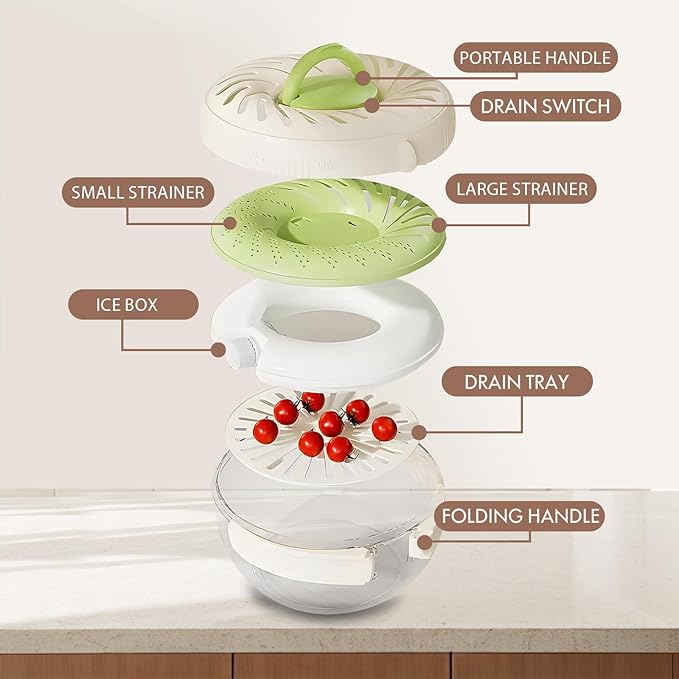 2025 New Upgrade Fruit Washing Bowl with Strainer,3 in 1 Multipurpose Drain Basket with Lid & Ice Box,Foldable Handle Fruit Strainer,1QT(1L)Fruit Washer Perfect for Fridge Storage and Outdoor Picnics