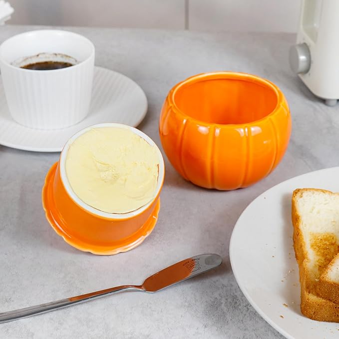 SETRON Halloween Pumpkin Butter Crock, Ceramic Butter Keeper with Lid, Airtight French Butter Crock for Countertop Storage, Butter Dish for Spreadable Butter, Perfect Gift for Kitchen