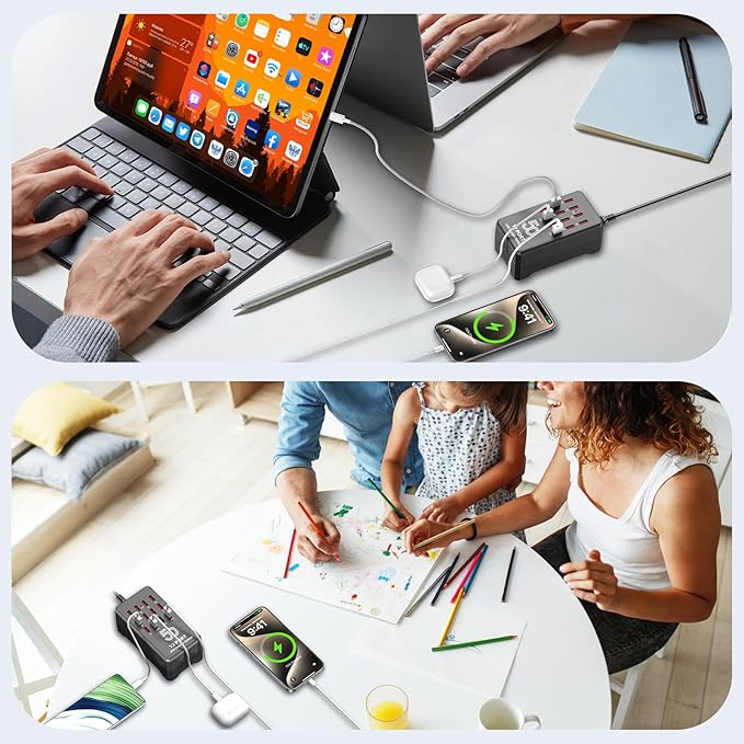 50W 12-Port USB Charging Station for Multiple Devices-Portable USB Charging Hub Compatible with iPhone, Android, Tablet, AirPods & More-Compact Charger Block for Home, Office & Travel.