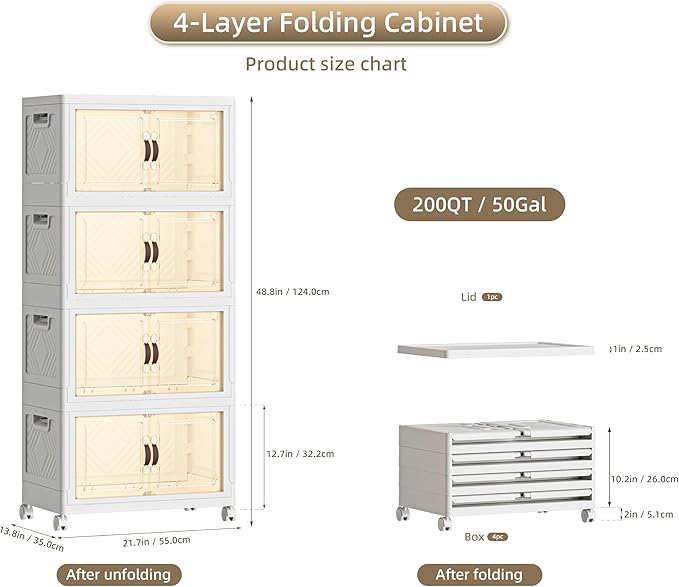 200 QT / 50 Gal Rolling Foldable Storage Cabinet with Stackable Feature - Double Magnetic Doors, Leather Handles, Durable Plastic for Closet/Office, Easy Assembly & Move