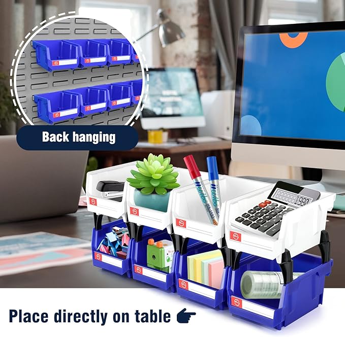 Pe&Hui Storage Organizer Bins,Wall Mount Storage Parts Rack,Stackable Shop Tool Bins for store Screws,Small Parts,Office Supplies and other Accessories (8Pack Blue&White) …