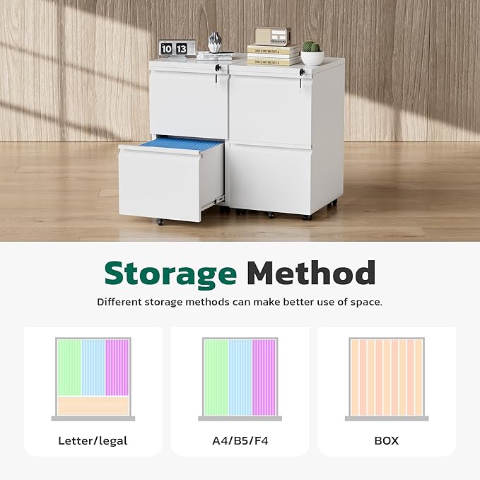 Greenvelly 2 Drawer Mobile File Cabinet with Lock, Metal Filing Cabinet on Wheels, Under Desk File Cabinet for Home Office Organizer Letter/Legal/A4 File (Assembly Required, White)