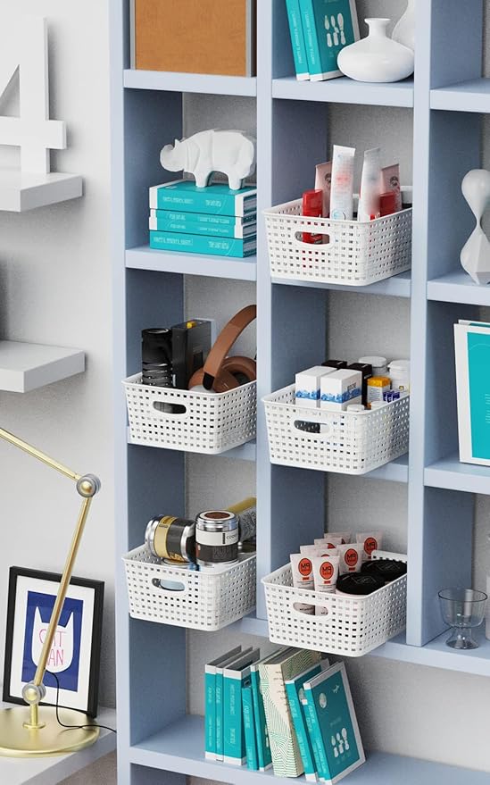 WYT Woven Plastic Storage Baskets, 6 Pack White Weave Bins Organizer, 10.1" x 7.55" x 4.1"