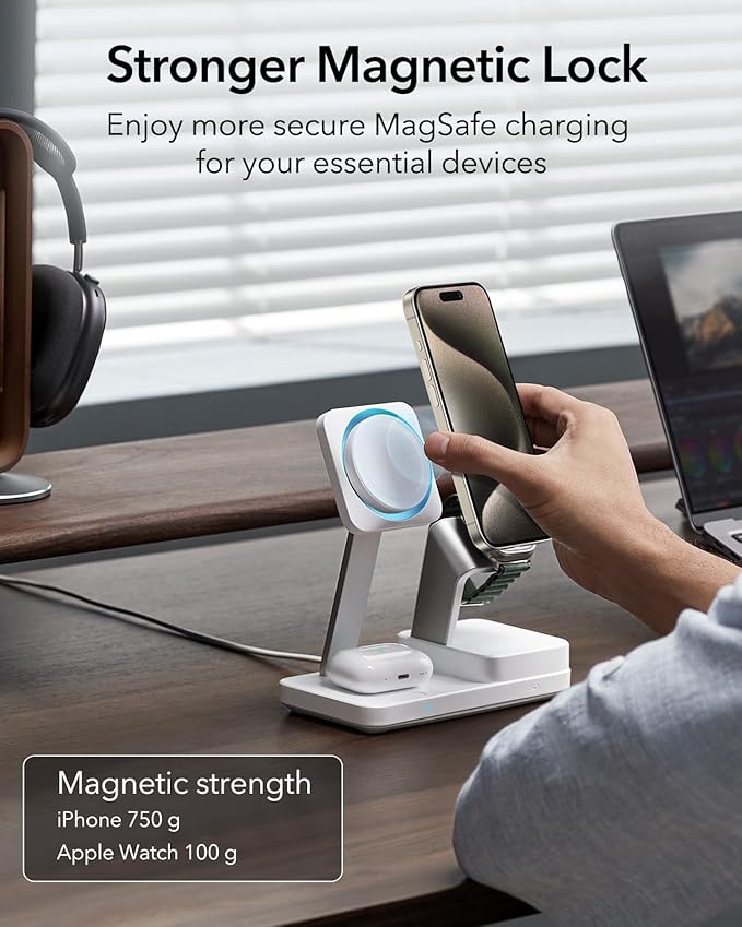 ESR 100W 6-in-1 GaN Charging Station with CryoBoost, Compatible with MagSafe Charger Stand, Magnetic Wireless Charger for iPhone 17/16/15/14/13/12, Apple Watch, AirPods Pro/3/2, Classic White