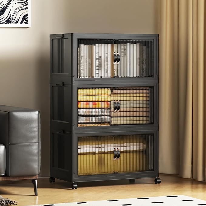 SAILUN 95Gal/381Qt Stackable Storage Bins Folding Collapsible Storage Bins with Lid, Closet Organizers and Storage Box with Door Black 28" W x 17" D x 46" H