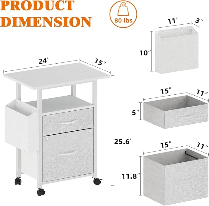 2 Fabric Drawer File Cabinet with 24'' Extended Desktop, Mobile Filing Cabinet, Rolling File Cabinet with Side Bag, Fits A4 Size, Home Office, White