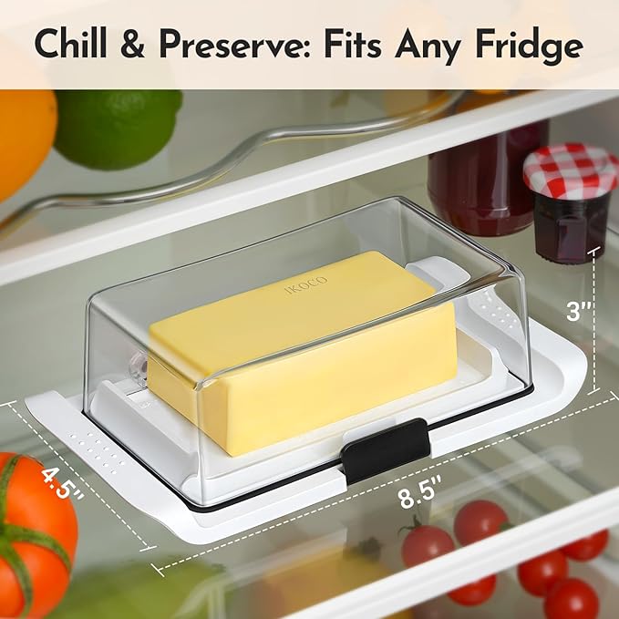 Butter Dish with Lid, IKOCO Large Butter Dish with Knife for Countertop and Refrigerator, Plastic Butter Holder Container Tray for 2 Sticks Butter, White