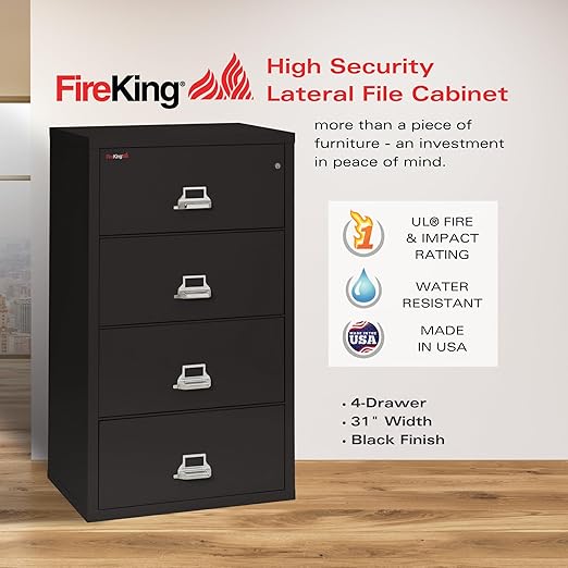 FireKing Lateral 4 Drawer Legal and Letter Fire Safe File Cabinet with Key Lock, 1 Hour Fire Rated, UL Rated & Water Resistant Home Safe, Filing Cabinet, Made in The USA, Black