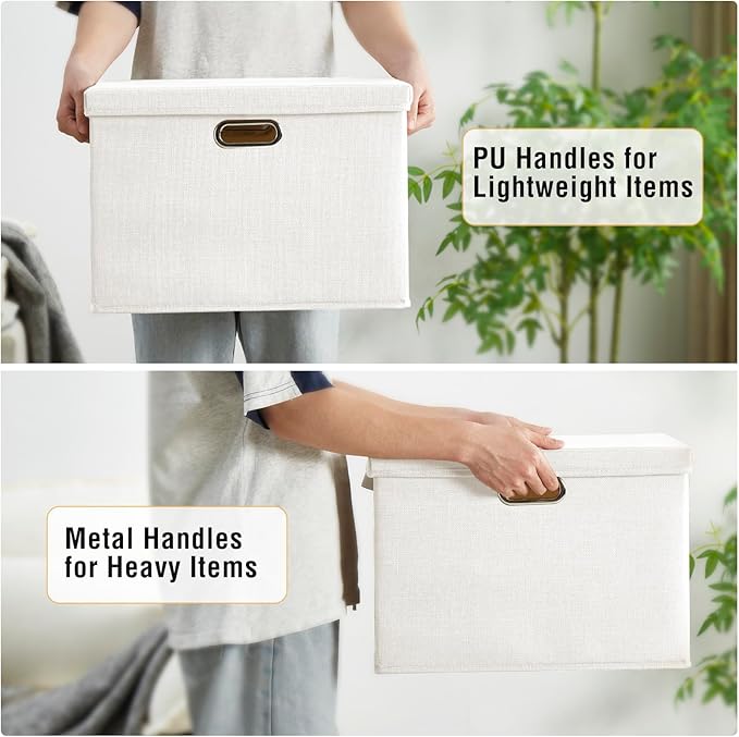 17" Large Collapsible Storage Bins with Lids, Stackable Closet Organizers with PU Handle and Labels, 3-Pack Decorative Fabric Storage Boxes for Home, Bedroom, Closet, Office, Nursery(White)