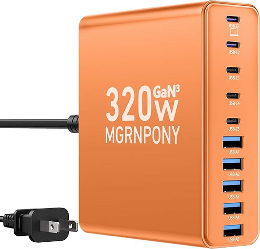 320W USB C Charger Block, 10-Port USB C Charging Station GaN III PD 65W Laptop Fast Charger Adapter for MacBook Pro/Air, DELL, iPad, iPhone, Samsung Galaxy (Orange)