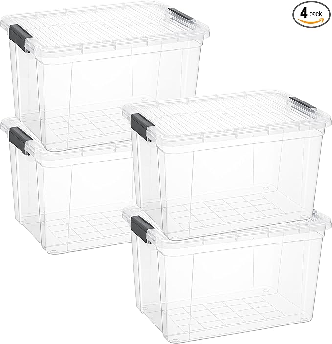 Superio Clear Storage Boxes with Lids, 26.5 Quart Plastic Container Bins for Organizing, Stackable Crates, BPA Free, Non Toxic, Odor Free, Organizers for Home, Office and Dorm, 4 Pack