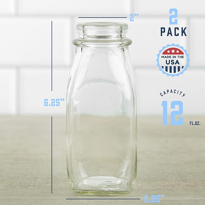 kitchentoolz 12 Oz Square Glass Milk Jugs with Caps - Perfect Milk Container for Refrigerator - 12 Ounce Glass Milk Bottle with Tamper Proof Lid and Pour Spout - Pack of 2