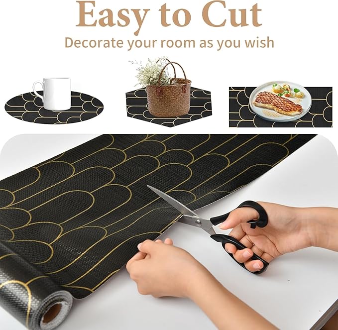 Shelf Liners for Kitchen Cabinets Drawer Liner 23.6in x 30FT Non Adhesive Black Gold Line Thickened Refrigerator Shelf Liner Paper Strong Easy to Clean for Tool Box with Knife and Tape Measure