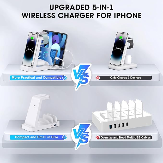Wireless Charger for iPhone - 5 in 1 Charging Station for Multiple Devices Apple: Fast Wireless Charging Stand Dock for iPhone 17 16e 16 15 14 13 12 Pro Max Apple Watch Airpods(White)