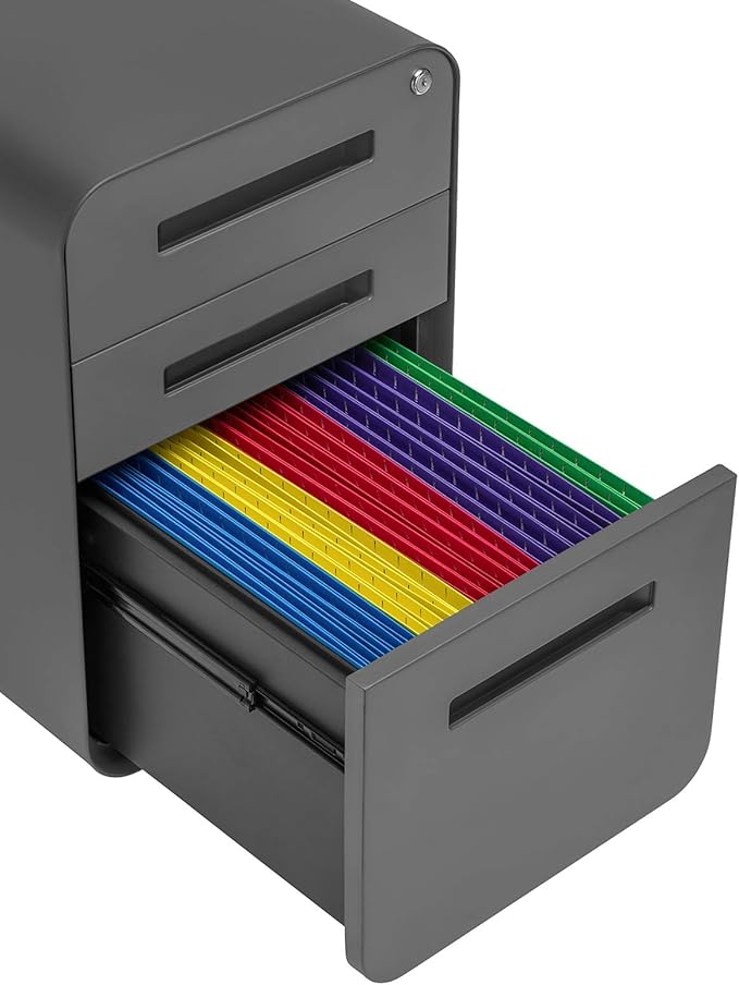 Laura Davidson Furniture Stockpile 3 Drawer File Cabinet with Lock - Under Office Desk Metal Filing Cabinet, Legal/Letter File Folders, Wheels and Stationary Feet, Pre-Assembled, Dark Grey