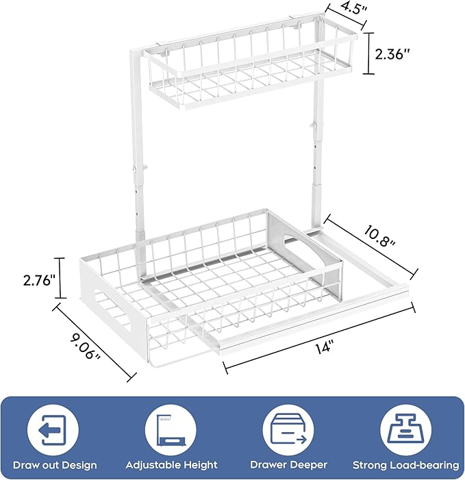 Under Sink Organizer and Storage, Height Adjustable Cabinet Organizer with Slide Out Drawer, Pull Out Under Sink Storage, Multi-Purpose 2 Tier Sink Shelves for Kitchen Bathroom Pantry (White, 1 Pack)