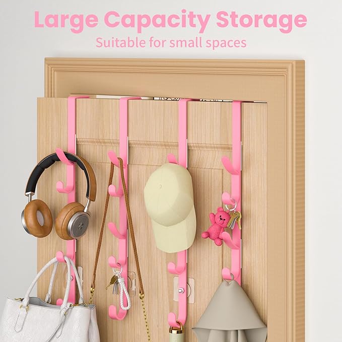 Over The Door Hooks, Metal Door Hooks for Hanging, Over The Door Purse Organizer for Coat Hanger, Back of Shower Door for Hanging Towel Rack Clothes, Hat, Bathroom, Closet (Pink-4Packs)