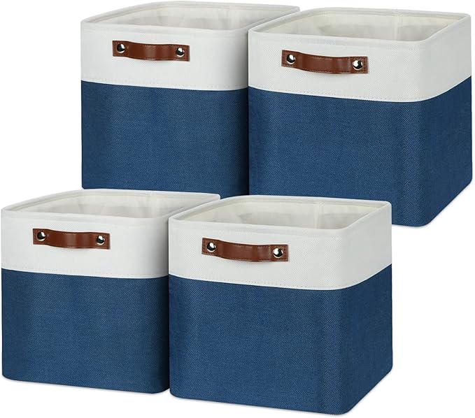 Temary Fabric Storage Cubes 11x11 Cube Storage Bins 4Pack Blue Storage Baskets for Organizing Home, Closet, Empty Gift Baskets with Handles (White&Blue)