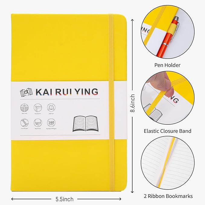 KaiRuiYing Lined Journal Notebook with Pen Holder, 160 Pages, 5.5'' × 8.6'' Medium Size A5-100 GSM Thick Paper, for Writing, Work, Office, Leather Hardcover
