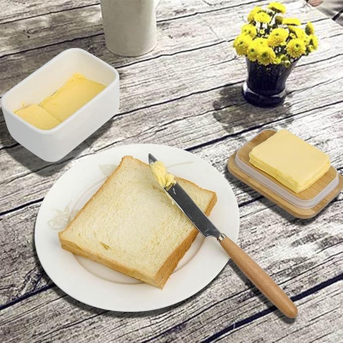 Porcelain Butter Dish with Lid,Ceramic Butter Dish with Bamboo Lip,Butter Keeper Container with Cover for Countertop or Refrigerator,Heat Resistant Kitchen Butter Storage Dish,White (300ml)