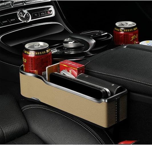DEEYOTA a Gap Filler Organizer with Cup Holder, Car Seat Organizer Auto Console Side Storage Box Organizer for Car Front Seat (Beige)