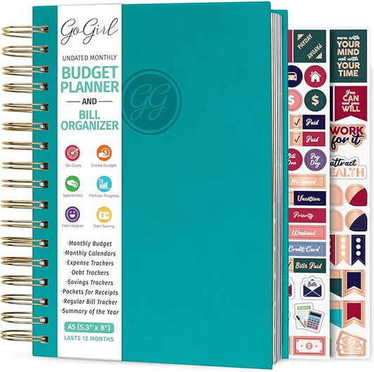 GoGirl Budget Planner & Monthly Bill Organizer – Monthly Financial Book with Pockets. Expense Tracker Notebook Journal, Compact (Turquoise)