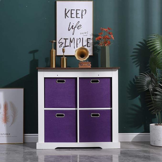 Collapsible Basket Fabric Foldable Box with Handles, 13x13 Cube Storage Bins Set of 4, Thick and Heavy Duty Storage Baskets for Shelves Bedroom Livingroom,Purple