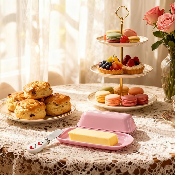 Butter Dish with Lid and Knife , Durable Countertop & Fridge Butter Keeper, Melamine Butter Container Valentine’s Gift, XOXO Design – Pink