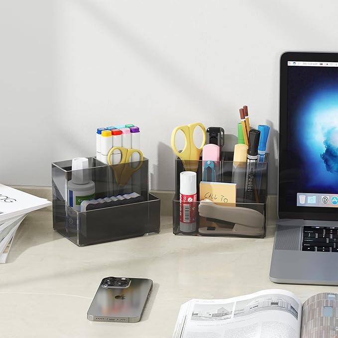 Marbrasse Acrylic Magnetic Pen Holder, 2 Pack Dry Erase Marker Holder, Magnetic Whiteboard Pencil Holders for Refrigerator, Locker, School and Office,Grey