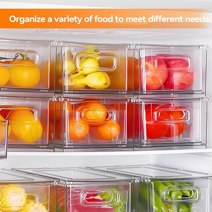 2 Pack Kitchen Storage Drawers Stackable Refrigerator Organizer Bins with Pull-out Drawer, Drawable Clear Fridge Drawer Organizer with Handle, Plastic Kitchen Pantry Storage Containers(2medium)