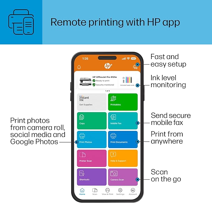 HP OfficeJet Pro 8125e Wireless All-in-One Color Inkjet Printer, Print, scan, Copy, ADF, Duplex Printing, Home & Office, 3 Months of Instant Ink Included (405T6A)