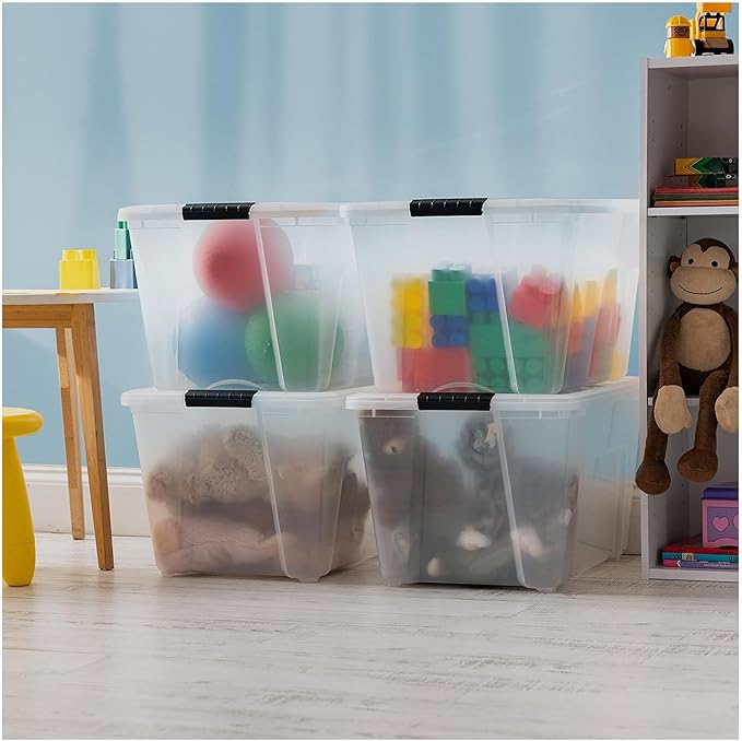 IRIS USA 51 L (54 QT) Plastic Storage Box with Lid and Latches - 4 Pack - BPA-Free, See-Through Organizing Solution, Durable Nestable Stackable Containers, Secure Pull Handle - Clear