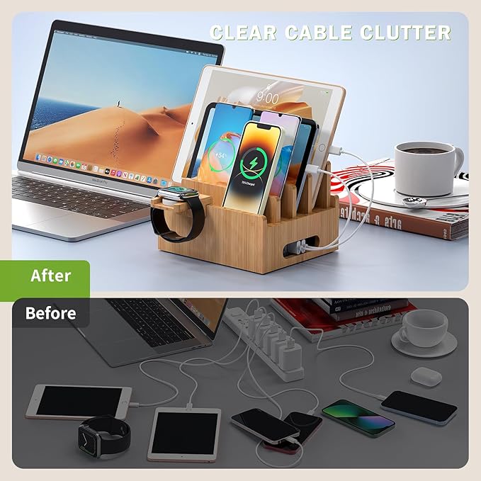 Pezin & Hulin Bamboo Charging Stations, Cell Phone Organizer for Multiple Devices, Tablets, Smart Watch, Included 5 Port USB Charger, Pack 5 Cables