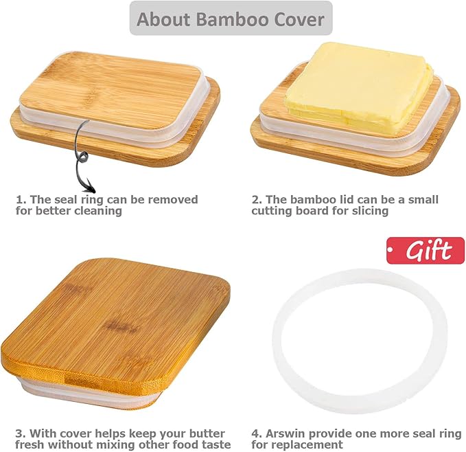 Porcelain Butter Dish with Lid,Ceramic Butter Dish with Bamboo Lip,Butter Keeper Container with Cover for Countertop or Refrigerator,Heat Resistant Kitchen Butter Storage Dish,White (300ml)