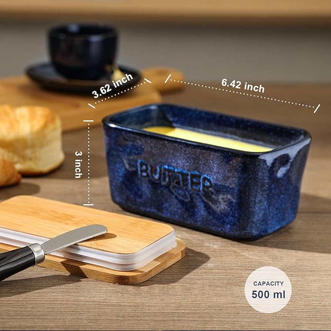 Ceramic Butter Dish Keeper Container - Vicrays Porcelain Airtight Lid Butter Container with Knife for Countertop - Large Butter Keeper Crock for West or East Coast Butter - Blue