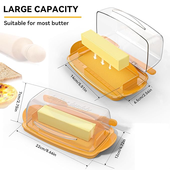 Butter Dishes with Lid for Countertop Refrigerator, Clear Butter Dish Plastic Flip Top Lid Butter Container with Spreader, Non-Slip Bottom Butter Holder Keeper (Transparent Cover Orange)