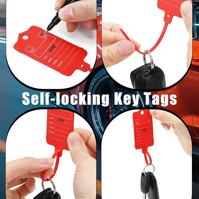 200 Car Key Tags with Labels Plastic Car Dealership Key Tags Self Locking Automotive Identifiers Blank Shop Labels with One Pen (Red)