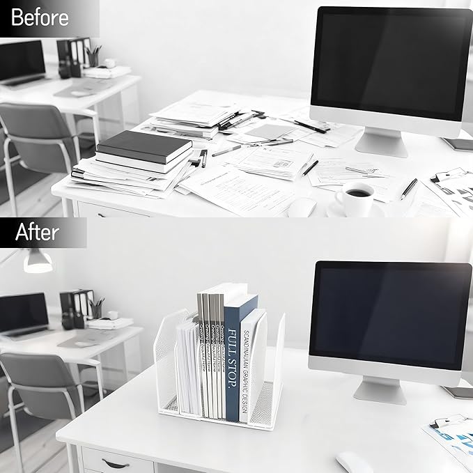 Adjustable Desk File Organizer,Detachable Office Folder Organizer,Compact Vertical Desk File Holder,Wrought Iron Paint,Suitable for Home, School, Office Classrooms (White - 5 grids)