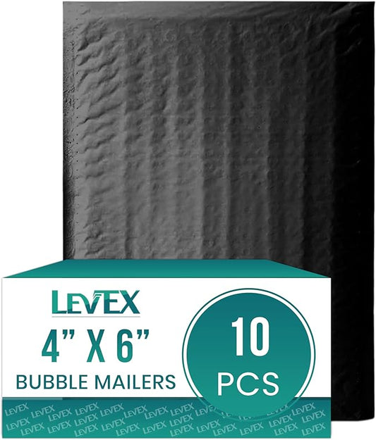 Levex - #0000 4" x 6" [10 Pack] Black Poly Bubble Mailers, Padded Envelope Mailers, Packing Envelope & Mailing Bags for Shipping