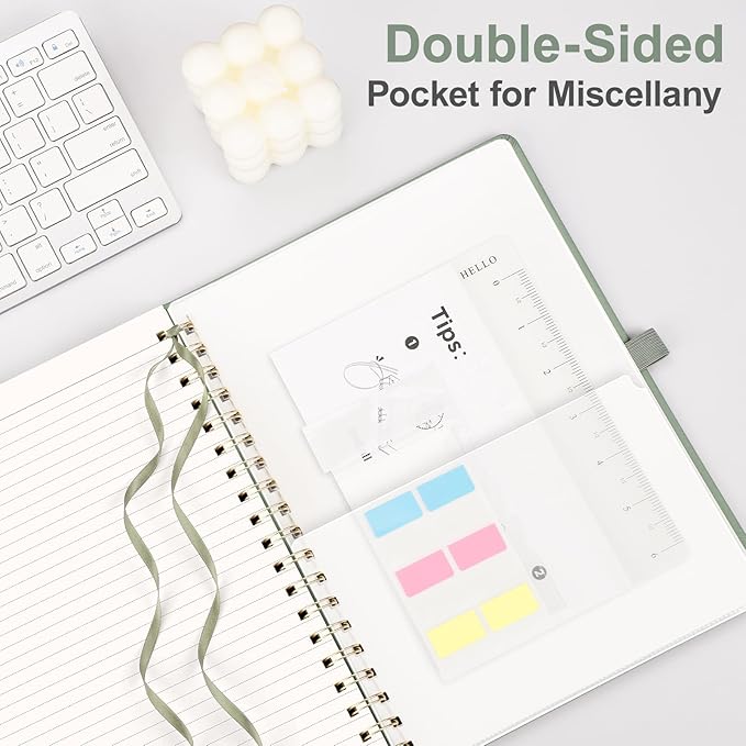 AHGXG Lined Spiral Journal Notebook, B5 Large Notebooks for Women Men, 140 Pages Hardcover Leather Notebook College Ruled, 100 GSM Paper, Notebooks for Work School Note Taking, 7.6" x 10", Sage Green