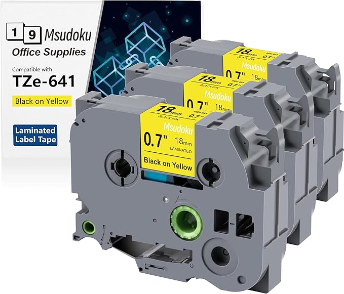 Tze Tz Tape 18mm 0.7 Laminated Yellow Compatible for Brother P Touch Label Maker Tape TZe-641 TZe641 Label Tape for PT D400 D600 D610 P710BT, Black on Yellow, 3/4 Inch x 26.2 Feet, 3-Pack