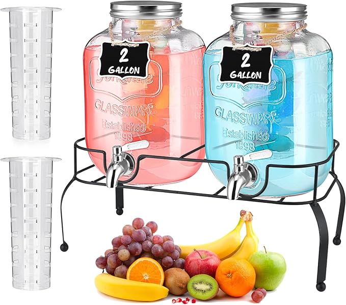 Lallisa 2 Pcs 2 Gallon Glass Drink Dispenser with Stand Ice Cylinder Hanging Chalkboard Signs 18/8 Stainless Steel Spigot Beverage Dispensers for Parties Mason Jar Drink Lemonade (Silver Spigot)