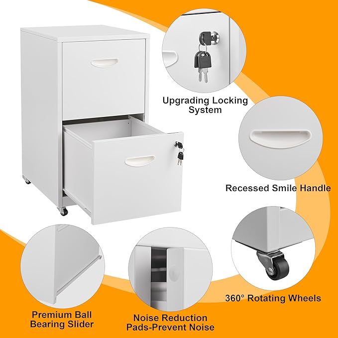 2 Drawer Mobile File Cabinet with Lock, Metal Filing Cabinets with Wheels, White Rolling Storage Cabinet, Under Desk Vertical File Cabinet for Home Office, Lockable Steel Two Drawer for Letter Size