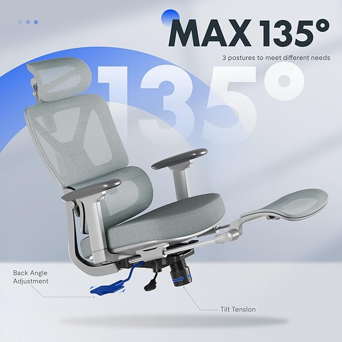 FLEXISPOT ErgoX Premium Ergonomic Office Chair with Footrest- Adjustable 3D Armrests, Dynamic Lumbar Support, Recline & Tilt Function, Mesh Seat, for Home & Office Use,Foam Blue