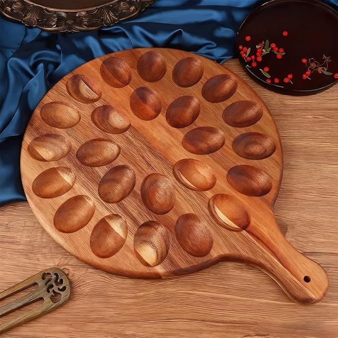 24 Holes Wood Deviled Egg Platter Round Tray for Devilled Eggs Container, Charcuterie Board for Kitchen Countertops, Deviled Egg Tray Holder for Easter, Gathering, Thanksgiving & Parties