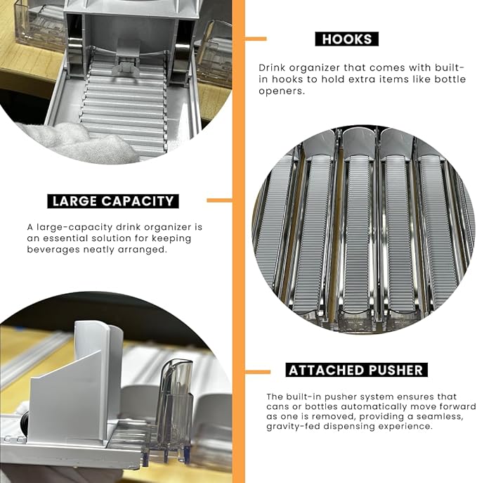 Soda Can Organizer with Automatic Can Pusher | Refrigerator Drink Organizer | Beverage Dispenser for Soda, Cans and Bottles | Space-Saving | Stainless Steel | Adjustable Sizes (5 Rows)