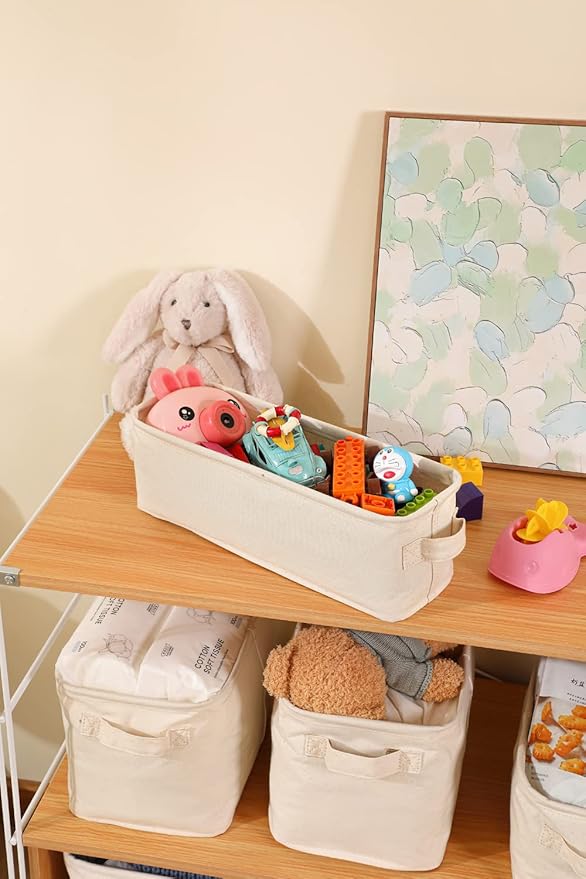 Decorative Basket Rectangular Fabric Storage Bin Organizer Basket with Handles for Clothes Storage (14.5 x 5.1 x 4.7, Beige)
