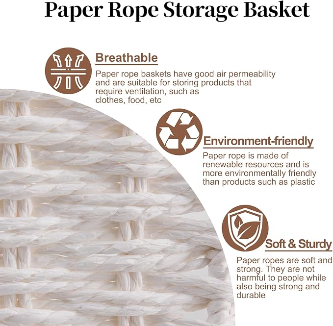 OIAHOMY Pantry Baskets for Organizing, Paper Rope Baskets with Built-in Handles, Wicker Storage Bints for Shelves, 2 Pack-White